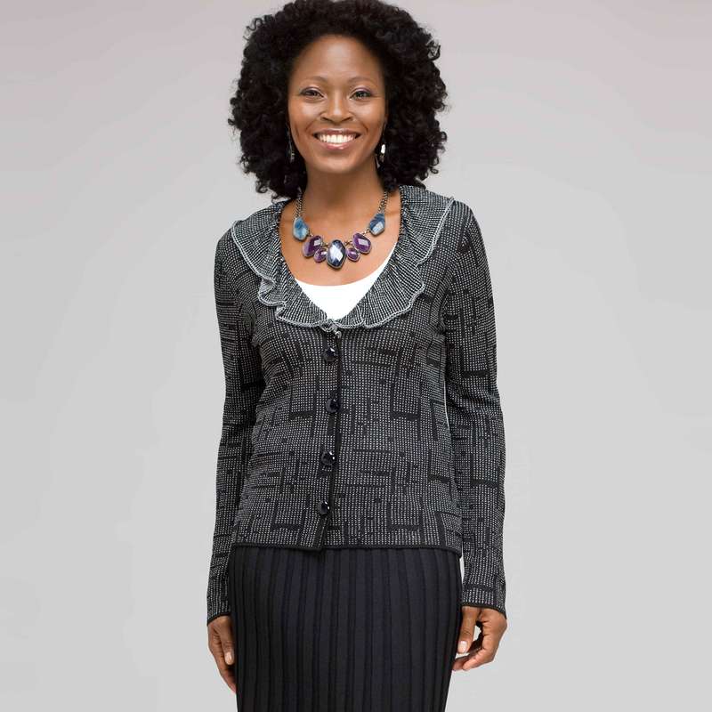 Ruffle Front Cardigan, Black & White, large image number 0